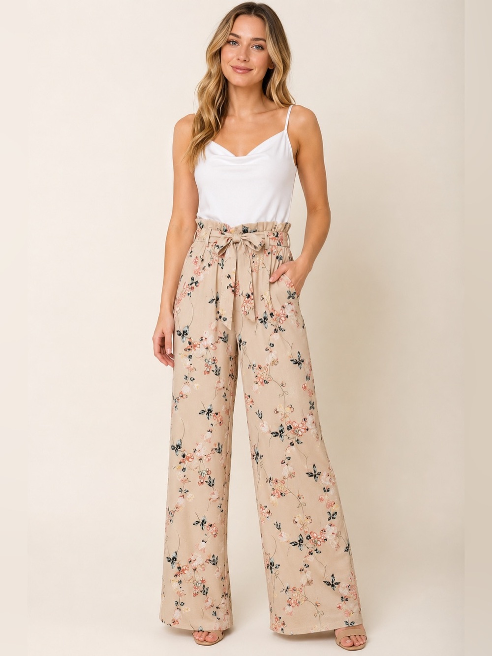 Rue21 Floral Paperbag Waist Wide Leg Jumpsuit | XS | White & Beige